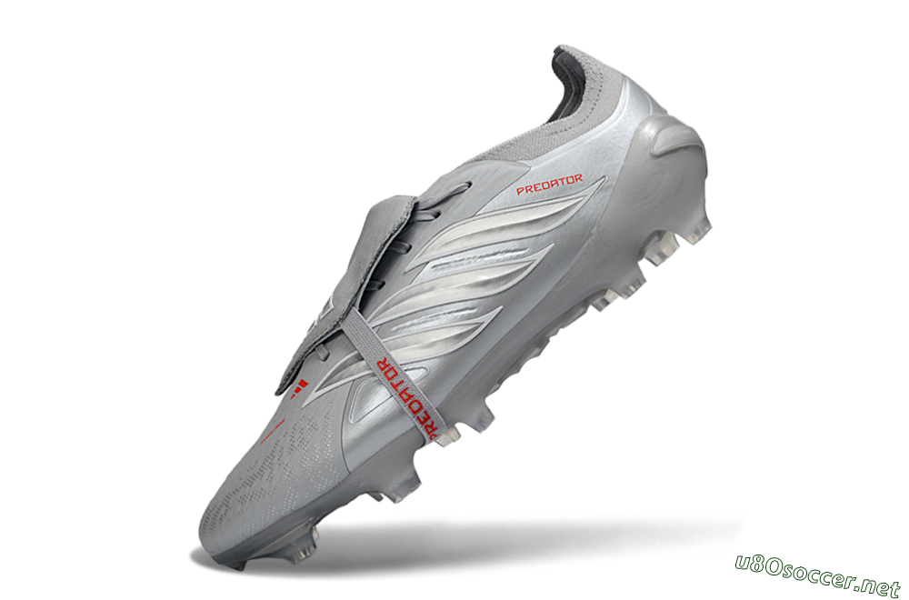 Men's Adidas Predator 26 Elite Fold-Over Tongue FG Football Boots - Gray/Metallic Silver/Crimson Red 5