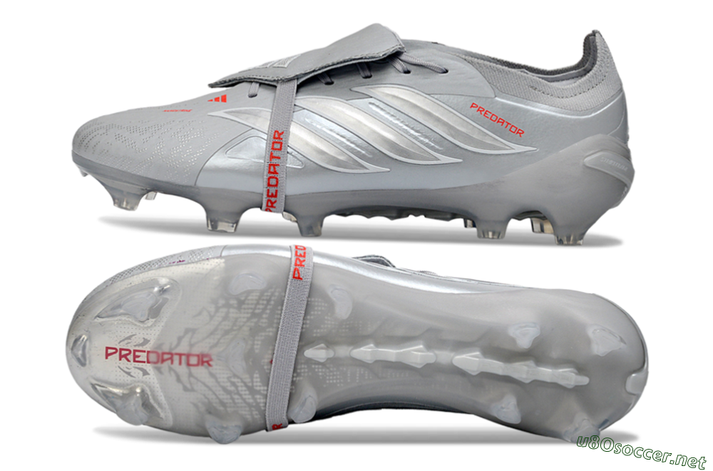 Men's Adidas Predator 26 Elite Fold-Over Tongue FG Football Boots - Gray/Metallic Silver/Crimson Red 1