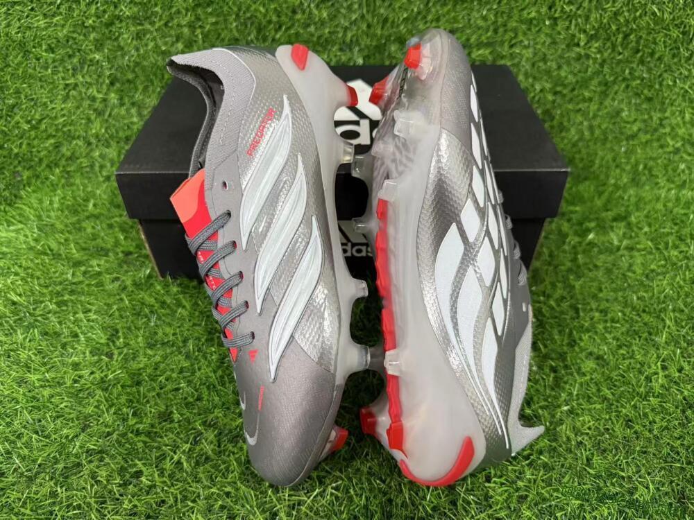 Unisex Adidas Predator 26 Elite FG Football Boots - Gray/Bright Red/Metallic Silver