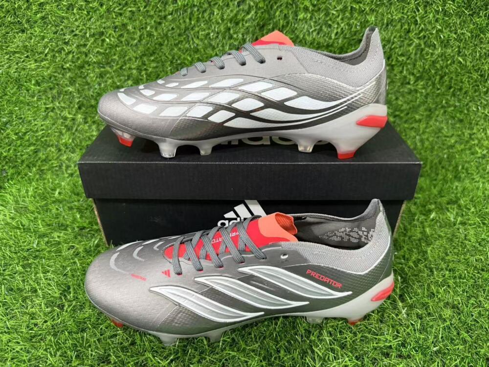 Unisex Adidas Predator 26 Elite FG Football Boots - Gray/Bright Red/Metallic Silver