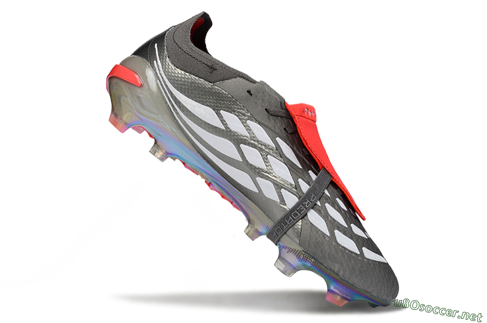 Men's Adidas Predator 26 Elite Fold-Over Tongue FG Football Boots - Gray/High Visibility Red/Metallic Silver 4