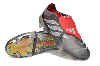 Men's Adidas Predator 26 Elite Fold-Over Tongue FG Football Boots - Gray/High Visibility Red/Metallic Silver