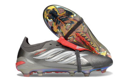 Men's Adidas Predator 26 Elite Fold-Over Tongue FG Football Boots - Gray/High Visibility Red/Metallic Silver