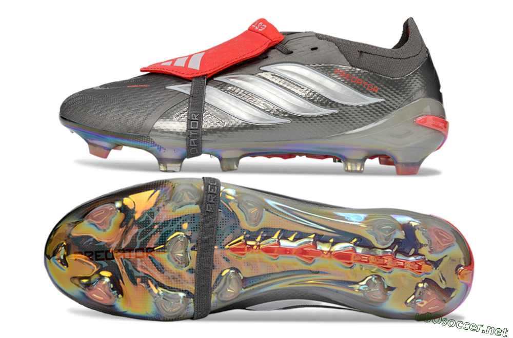 Men's Adidas Predator 26 Elite Fold-Over Tongue FG Football Boots - Gray/High Visibility Red/Metallic Silver 1