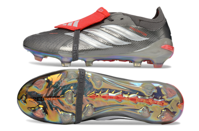 Men's Adidas Predator 26 Elite Fold-Over Tongue FG Football Boots - Gray/High Visibility Red/Metallic Silver