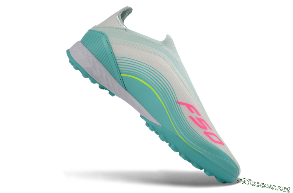 Unisex Messi x Adidas F50 Elite Laceless TF Football Shoes - Teal/Bright Pink/Neon Yellow 5
