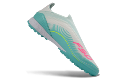 Unisex Messi x Adidas F50 Elite Laceless TF Football Shoes - Teal/Bright Pink/Neon Yellow