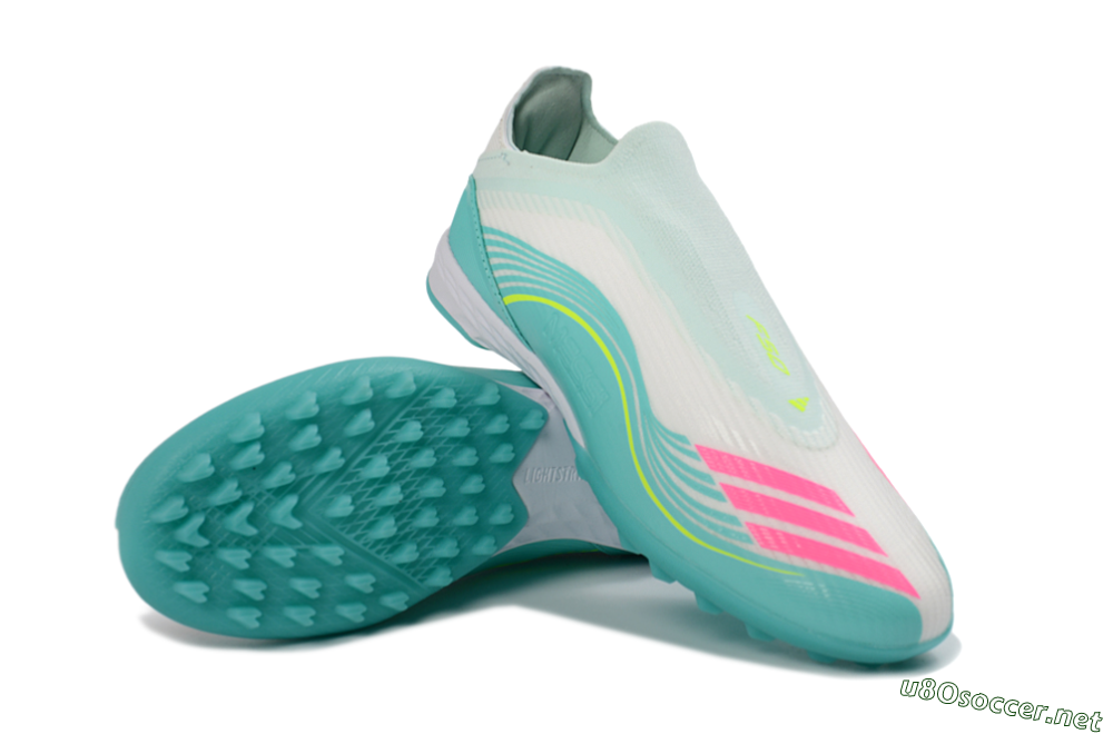 Unisex Messi x Adidas F50 Elite Laceless TF Football Shoes - Teal/Bright Pink/Neon Yellow 4