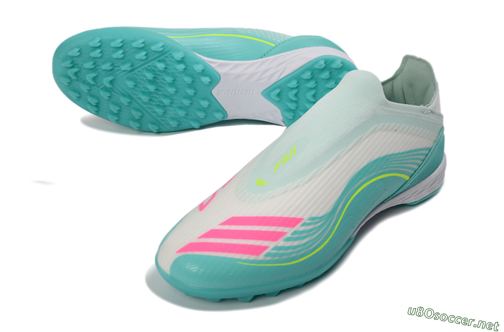 Unisex Messi x Adidas F50 Elite Laceless TF Football Shoes - Teal/Bright Pink/Neon Yellow 3