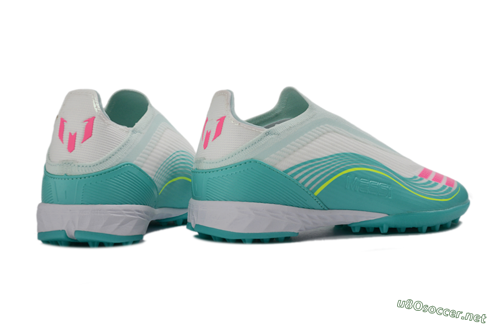 Unisex Messi x Adidas F50 Elite Laceless TF Football Shoes - Teal/Bright Pink/Neon Yellow 7