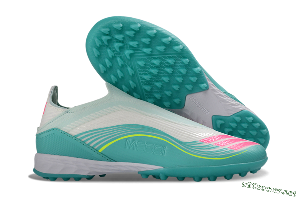 Unisex Messi x Adidas F50 Elite Laceless TF Football Shoes - Teal/Bright Pink/Neon Yellow 2