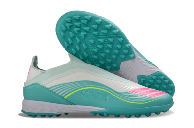 Unisex Messi x Adidas F50 Elite Laceless TF Football Shoes - Teal/Bright Pink/Neon Yellow