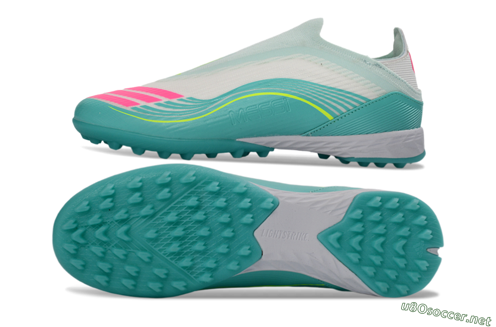 Unisex Messi x Adidas F50 Elite Laceless TF Football Shoes - Teal/Bright Pink/Neon Yellow 1