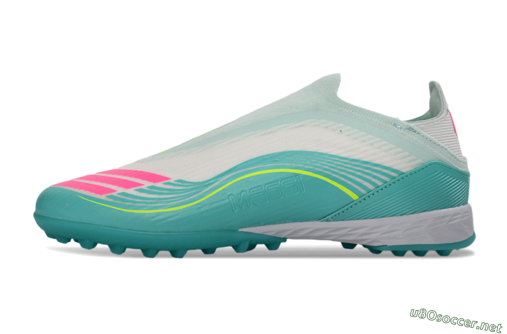Unisex Messi x Adidas F50 Elite Laceless TF Football Shoes - Teal/Bright Pink/Neon Yellow 0