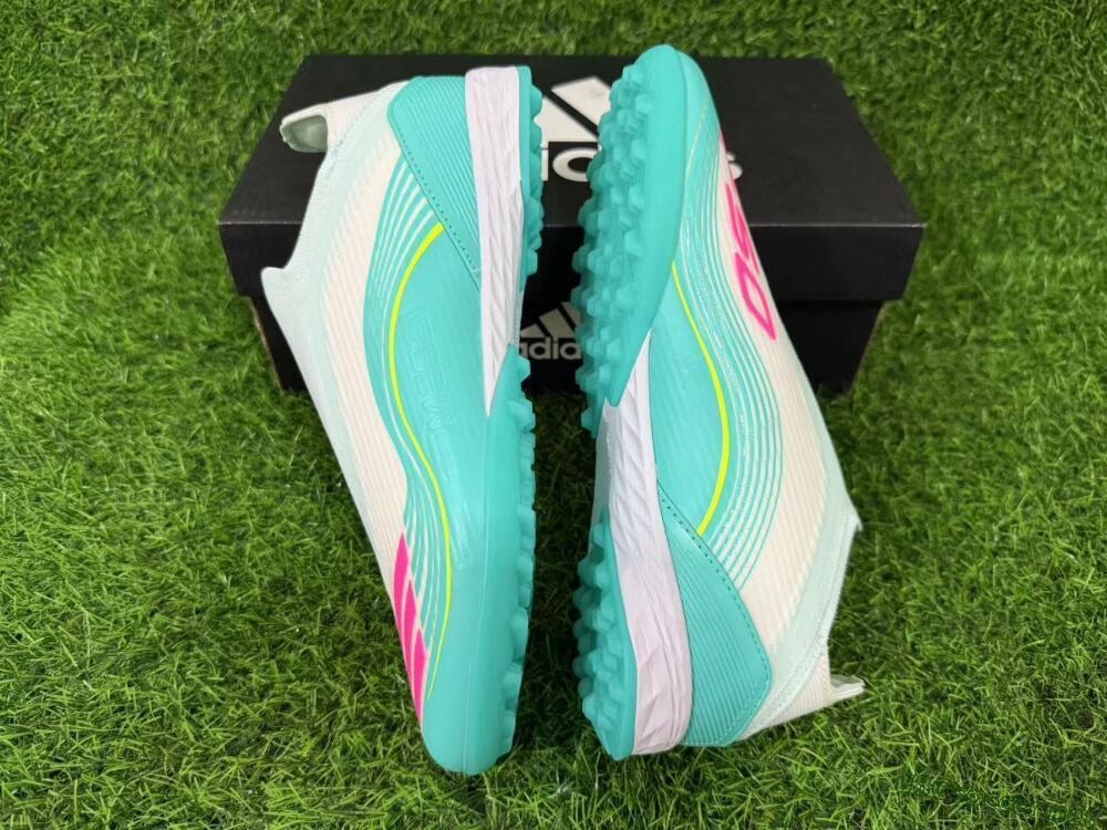 Unisex Messi x Adidas F50 Elite Laceless TF Football Shoes - Teal/Bright Pink/Neon Yellow