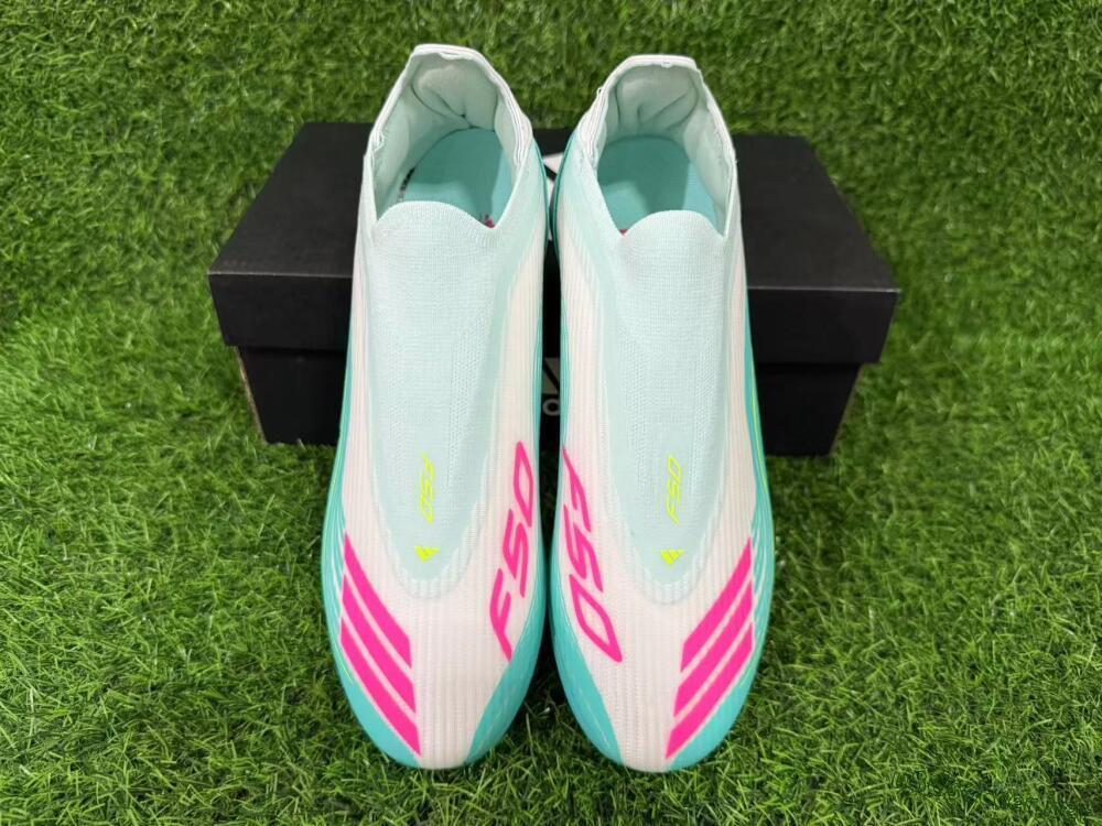 Unisex Messi x Adidas F50 Elite Laceless TF Football Shoes - Teal/Bright Pink/Neon Yellow
