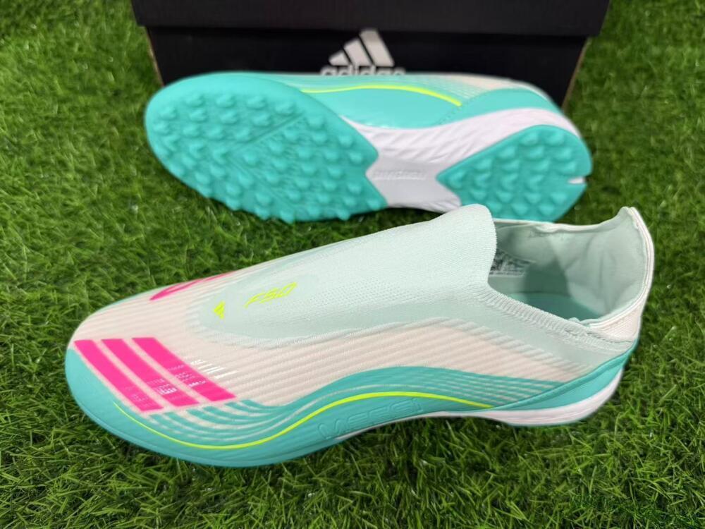 Unisex Messi x Adidas F50 Elite Laceless TF Football Shoes - Teal/Bright Pink/Neon Yellow