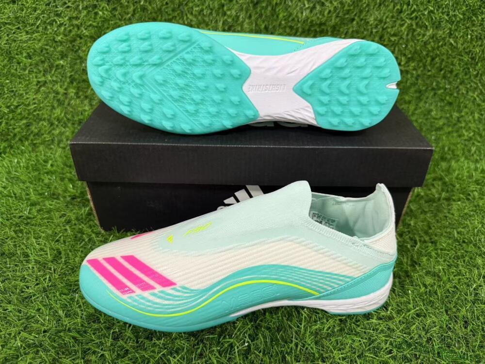 Unisex Messi x Adidas F50 Elite Laceless TF Football Shoes - Teal/Bright Pink/Neon Yellow
