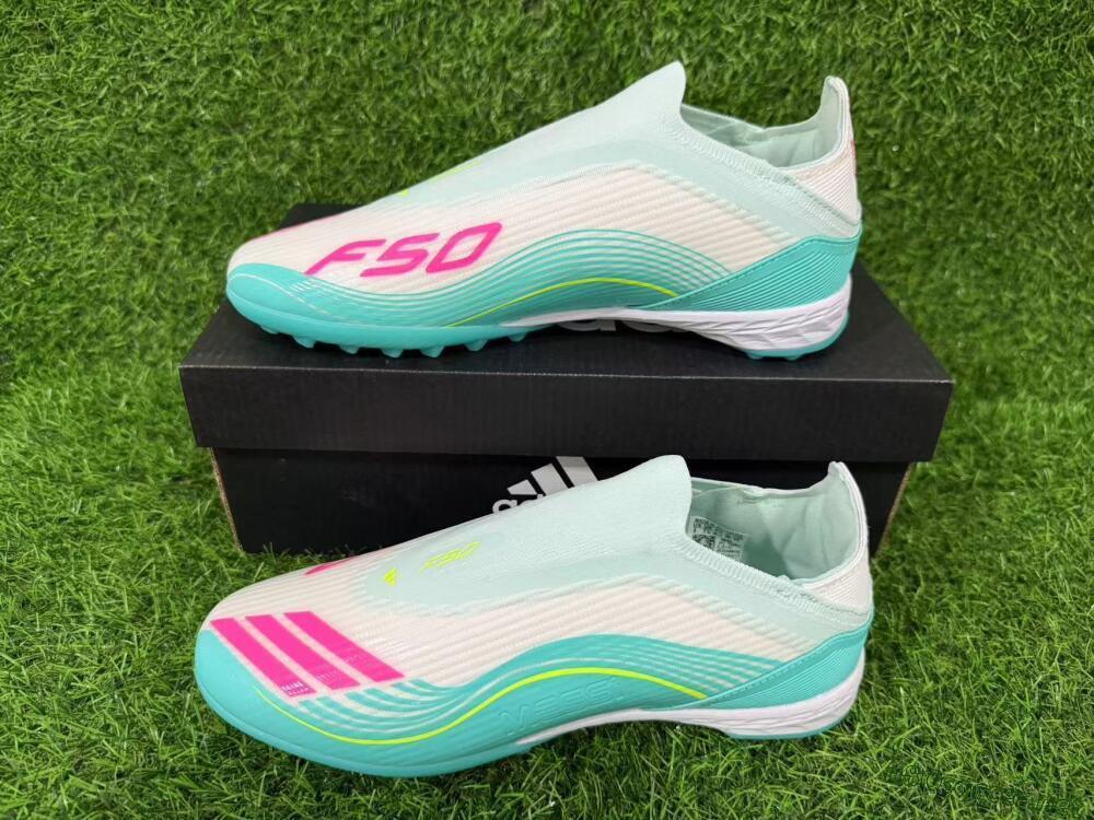 Unisex Messi x Adidas F50 Elite Laceless TF Football Shoes - Teal/Bright Pink/Neon Yellow
