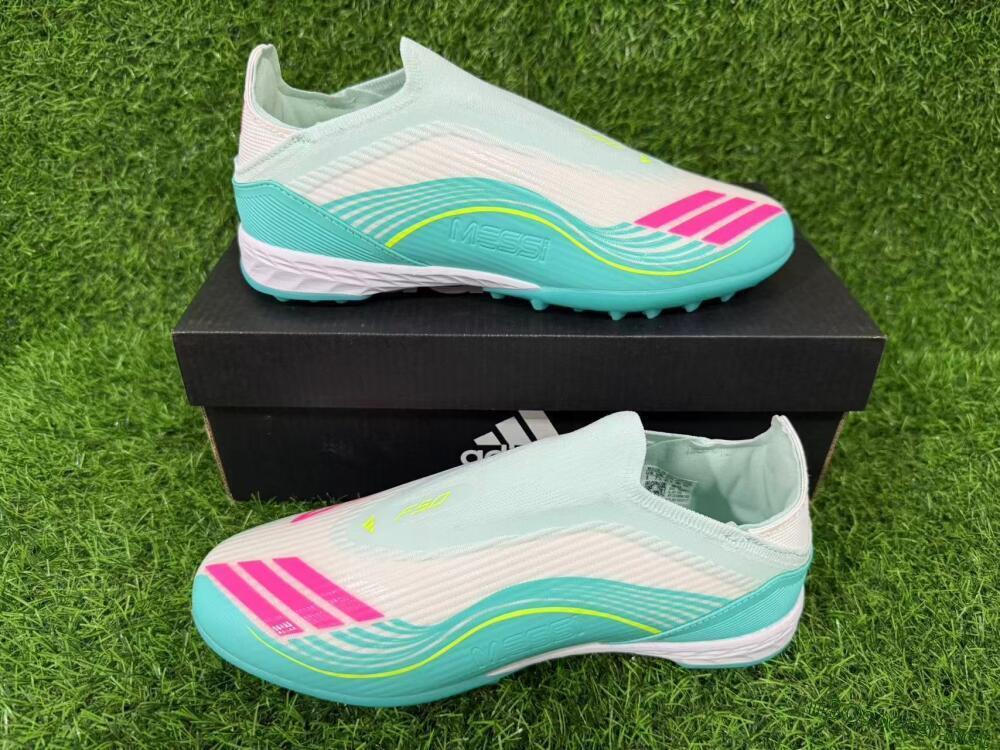 Unisex Messi x Adidas F50 Elite Laceless TF Football Shoes - Teal/Bright Pink/Neon Yellow
