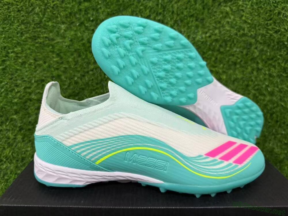 Unisex Messi x Adidas F50 Elite Laceless TF Football Shoes - Teal/Bright Pink/Neon Yellow