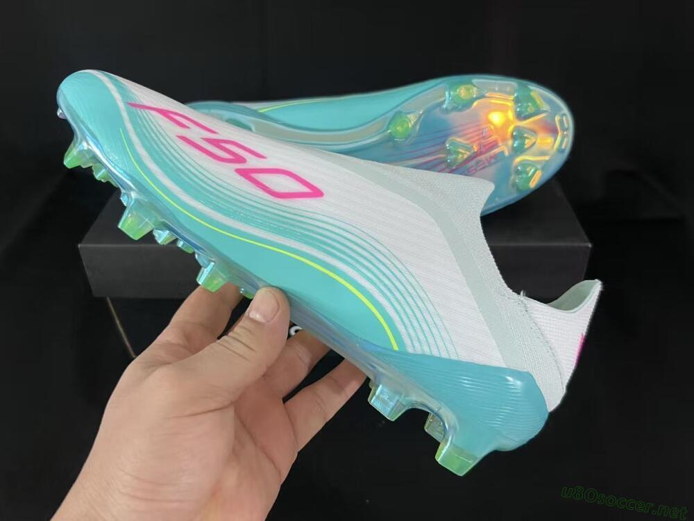 Unisex Adidas F50 Elite Laceless FG Football Boots - Aqua/Neon Green/Pink