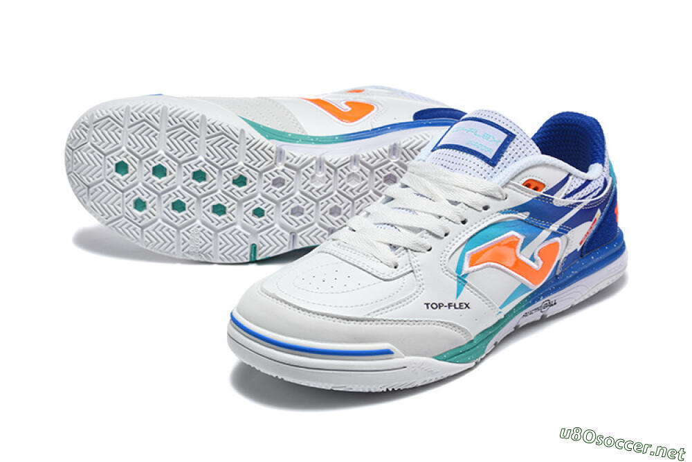 Men's Joma Top Flex IC Football Shoes - White/Bright Blue/Orange 3