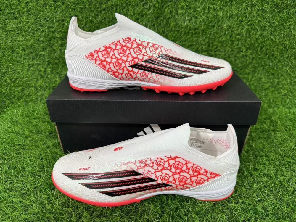 Unisex Adidas F50 Elite Laceless TF Football Shoes - White/Coral Red/Silver
