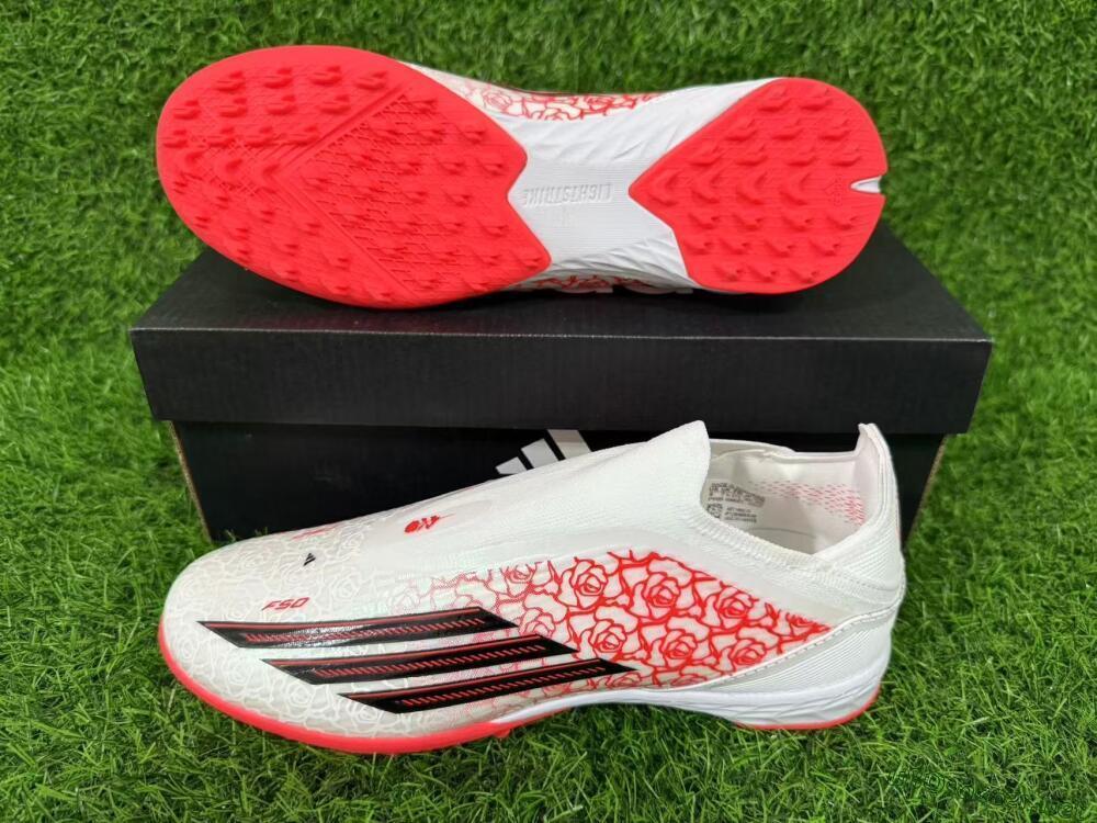 Unisex Adidas F50 Elite Laceless TF Football Shoes - White/Coral Red/Silver