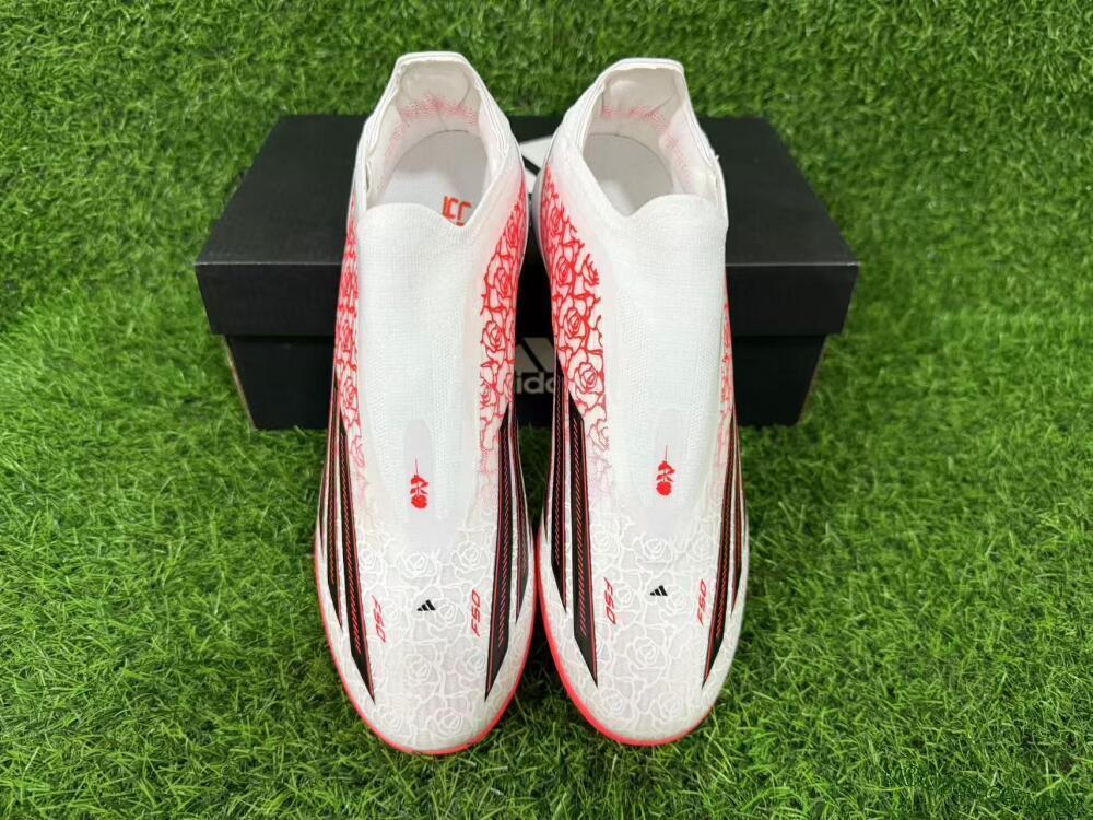 Unisex Adidas F50 Elite Laceless TF Football Shoes - White/Coral Red/Silver