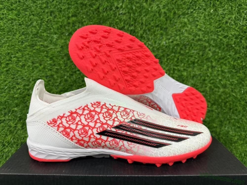 Unisex Adidas F50 Elite Laceless TF Football Shoes - White/Coral Red/Silver