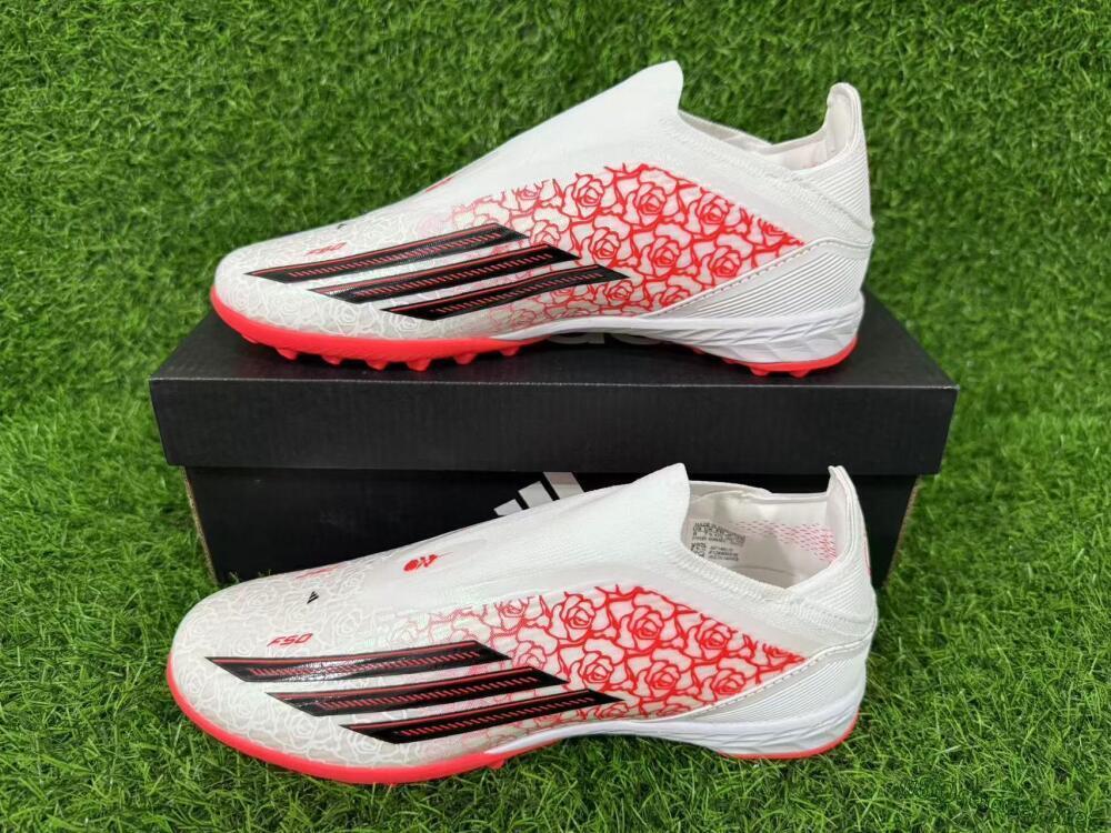 Unisex Adidas F50 Elite Laceless TF Football Shoes - White/Coral Red/Silver