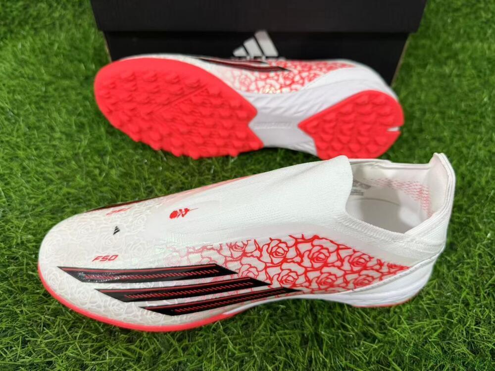 Unisex Adidas F50 Elite Laceless TF Football Shoes - White/Coral Red/Silver