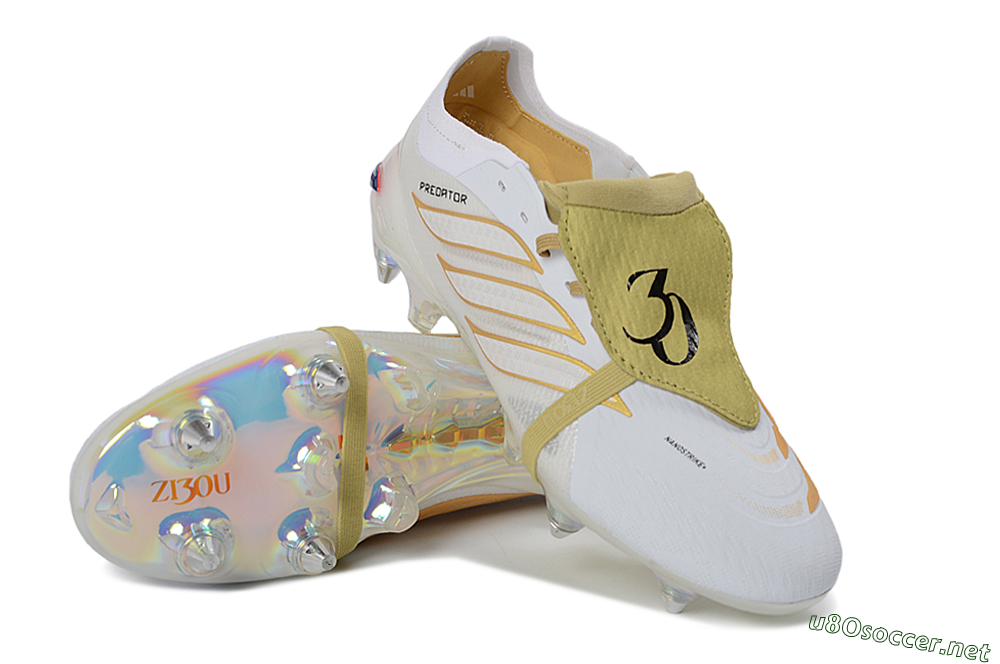 Men's Adidas Predator 26 Elite Fold-Over Tongue SG Football Boots - White/Gold Accents/Holographic Sole 3