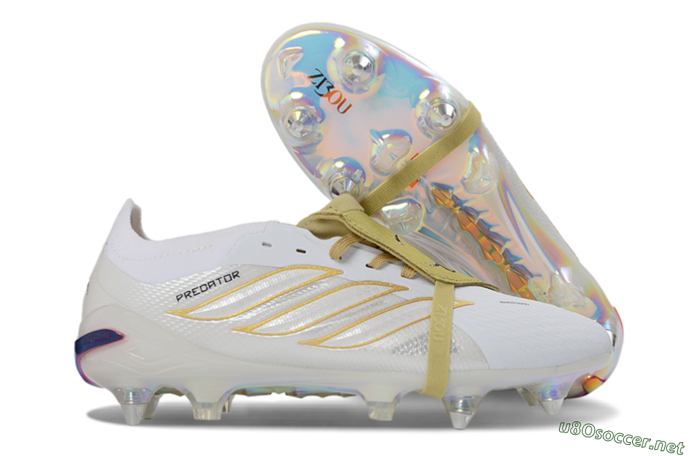 Men's Adidas Predator 26 Elite Fold-Over Tongue SG Football Boots - White/Gold Accents/Holographic Sole 2