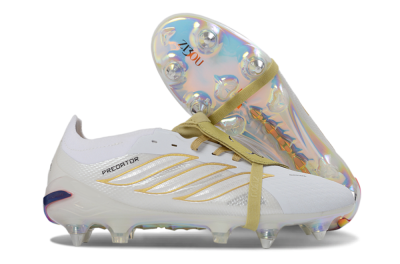 Men's Adidas Predator 26 Elite Fold-Over Tongue SG Football Boots - White/Gold Accents/Holographic Sole
