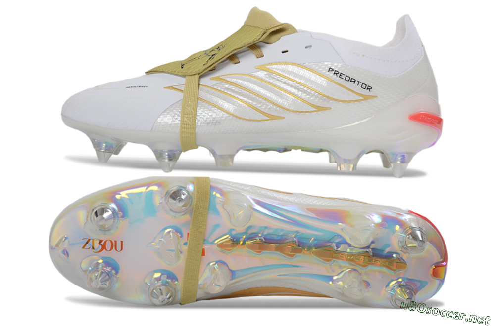 Men's Adidas Predator 26 Elite Fold-Over Tongue SG Football Boots - White/Gold Accents/Holographic Sole 1