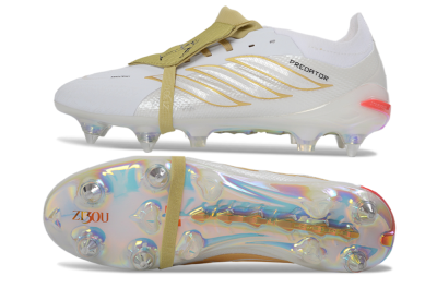 Men's Adidas Predator 26 Elite Fold-Over Tongue SG Football Boots - White/Gold Accents/Holographic Sole