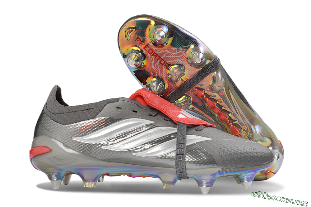 Men's Adidas Predator 26 Elite Fold-Over Tongue SG Football Boots - Gray/Electric Red/Metallic Silver 2