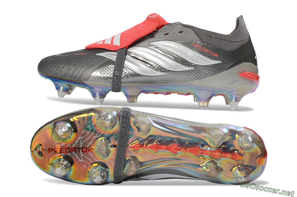 Men's Adidas Predator 26 Elite Fold-Over Tongue SG Football Boots - Gray/Electric Red/Metallic Silver 1