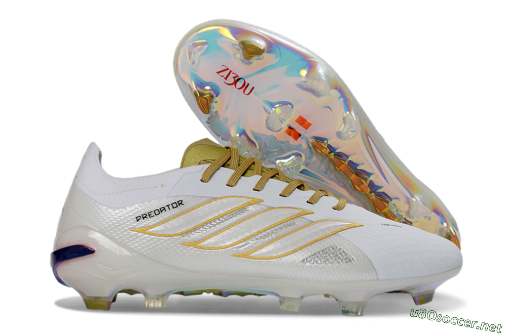 Unisex Adidas Predator 26 Elite FG Football Boots - White/Metallic Gold/Iridescent Neon 2