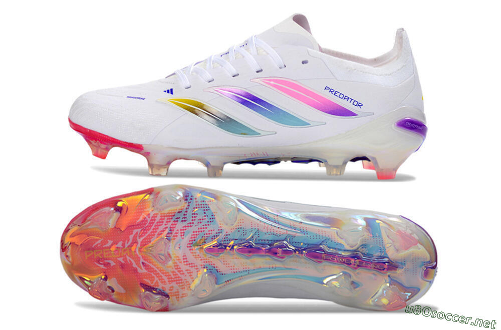 Unisex Adidas Predator 26 Elite FG Football Boots - White/Iridescent Pink/Iridescent Blue 1