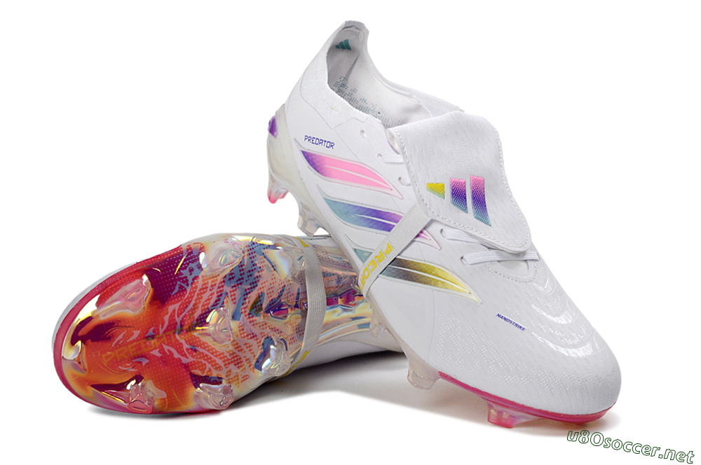 Unisex Adidas Predator 26 Elite Fold-Over Tongue FG Football Boots - White/Iridescent Fusion/Neon Bright 3