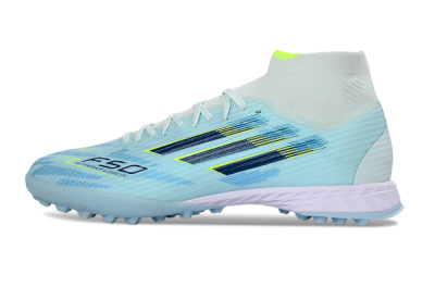 Men's Adidas F50 Elite Mid TF Football Shoes - Blue/Light Blue/Neon Yellow