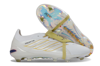 Unisex Adidas Predator 26 Elite Fold-Over Tongue FG Football Boots - White/Gold Reflective/Light Cream