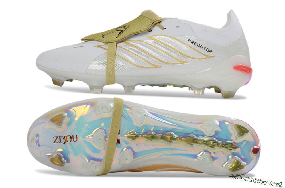 Unisex Adidas Predator 26 Elite Fold-Over Tongue FG Football Boots - White/Gold Reflective/Light Cream 1