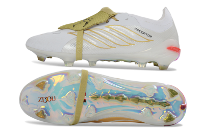Unisex Adidas Predator 26 Elite Fold-Over Tongue FG Football Boots - White/Gold Reflective/Light Cream