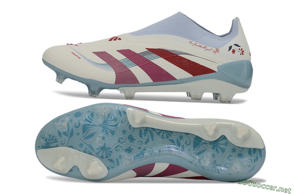 Unisex Adidas Predator 26 Elite Laceless FG Football Boots - White/Berry Blast/Sky Blue 1