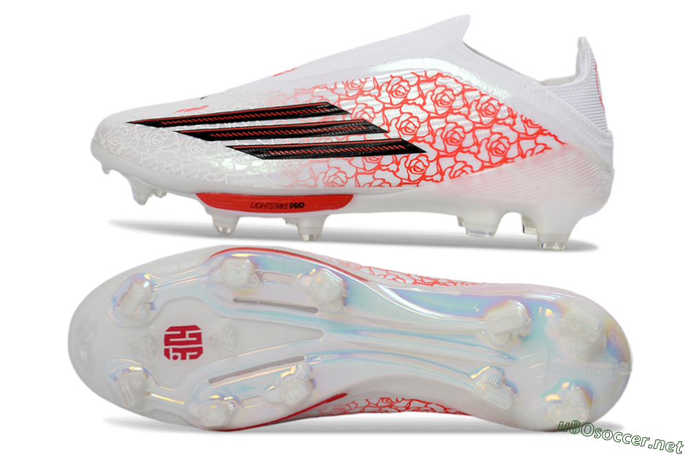Unisex Adidas F50+ Elite Lightstrike Pro Laceless FG Football Boots - White/Crimson Glow/Black Shadow 1