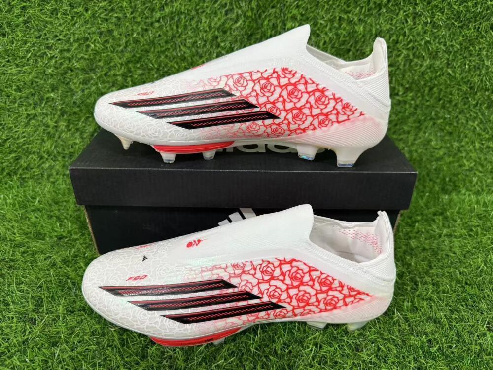 Unisex Adidas F50+ Elite Lightstrike Pro Laceless FG Football Boots - White/Crimson Glow/Black Shadow